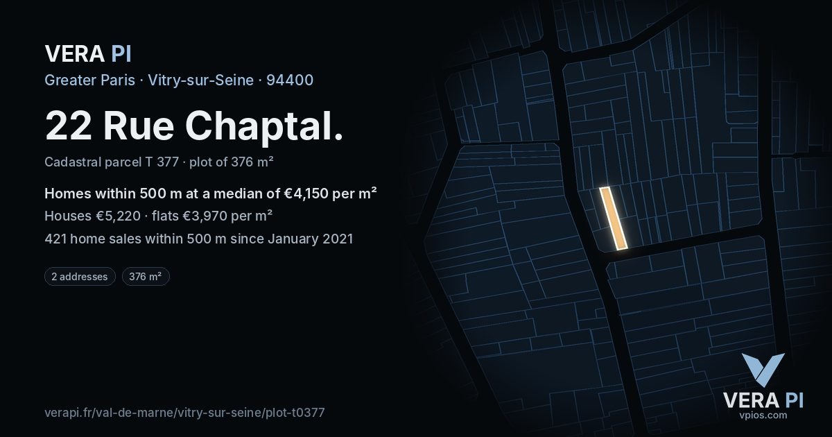 22 Rue Chaptal, Vitry-sur-Seine at night – the plot lit, the parcels around coloured by the prices near them