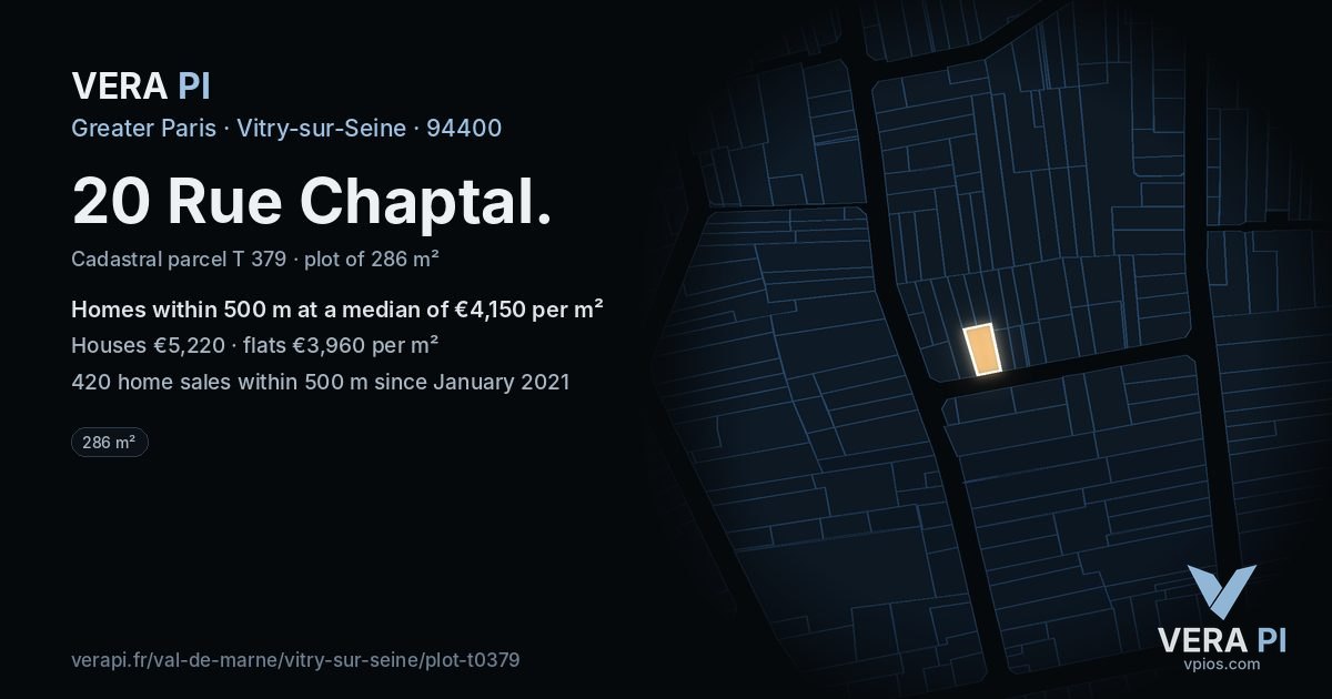 20 Rue Chaptal, Vitry-sur-Seine at night – the plot lit, the parcels around coloured by the prices near them