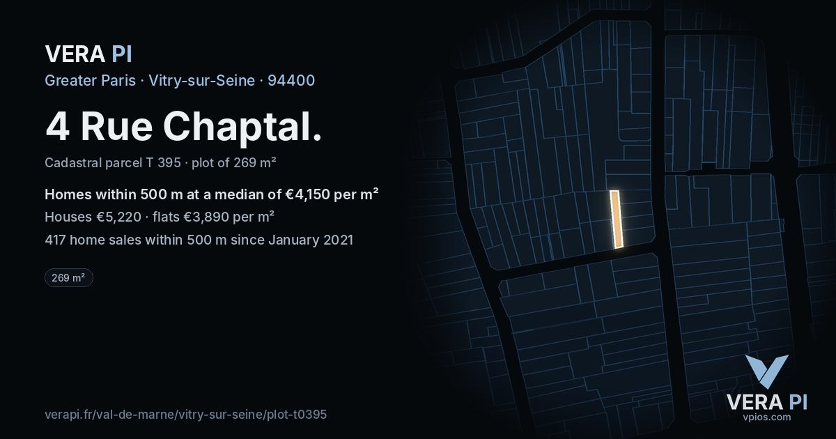 4 Rue Chaptal, Vitry-sur-Seine at night – the plot lit, the parcels around coloured by the prices near them