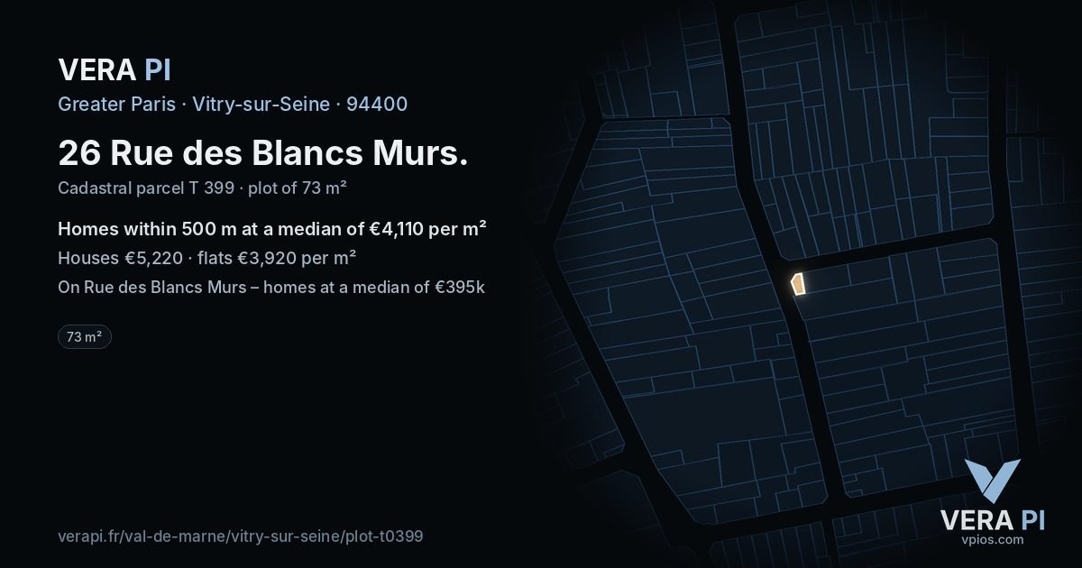 26 Rue des Blancs Murs, Vitry-sur-Seine at night – the plot lit, the parcels around coloured by the prices near them