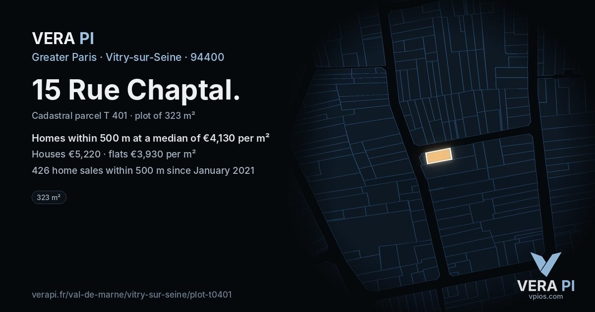 15 Rue Chaptal, Vitry-sur-Seine at night – the plot lit, the parcels around coloured by the prices near them