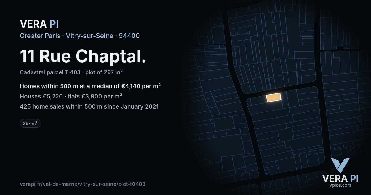11 Rue Chaptal, Vitry-sur-Seine at night – the plot lit, the parcels around coloured by the prices near them