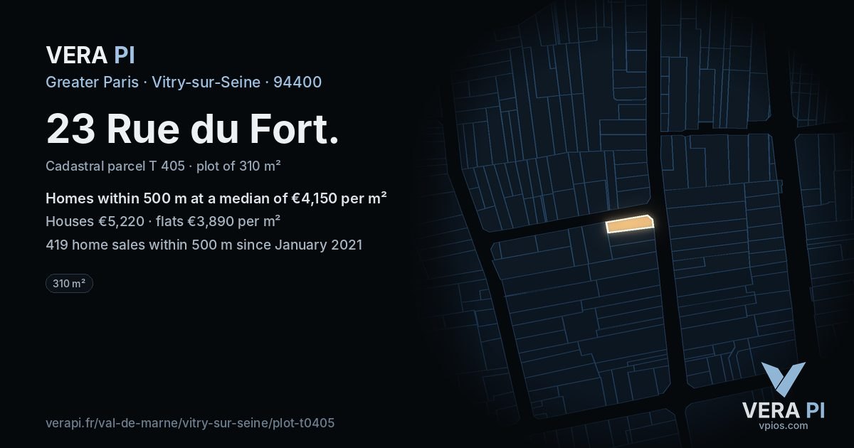 23 Rue du Fort, Vitry-sur-Seine at night – the plot lit, the parcels around coloured by the prices near them