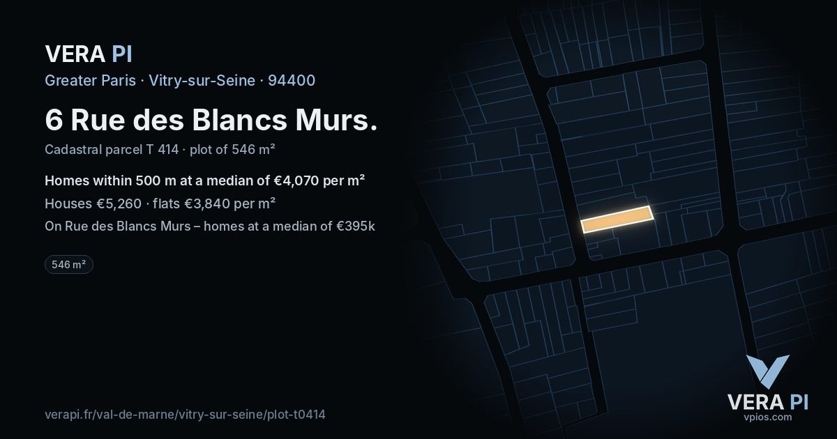 6 Rue des Blancs Murs, Vitry-sur-Seine at night – the plot lit, the parcels around coloured by the prices near them