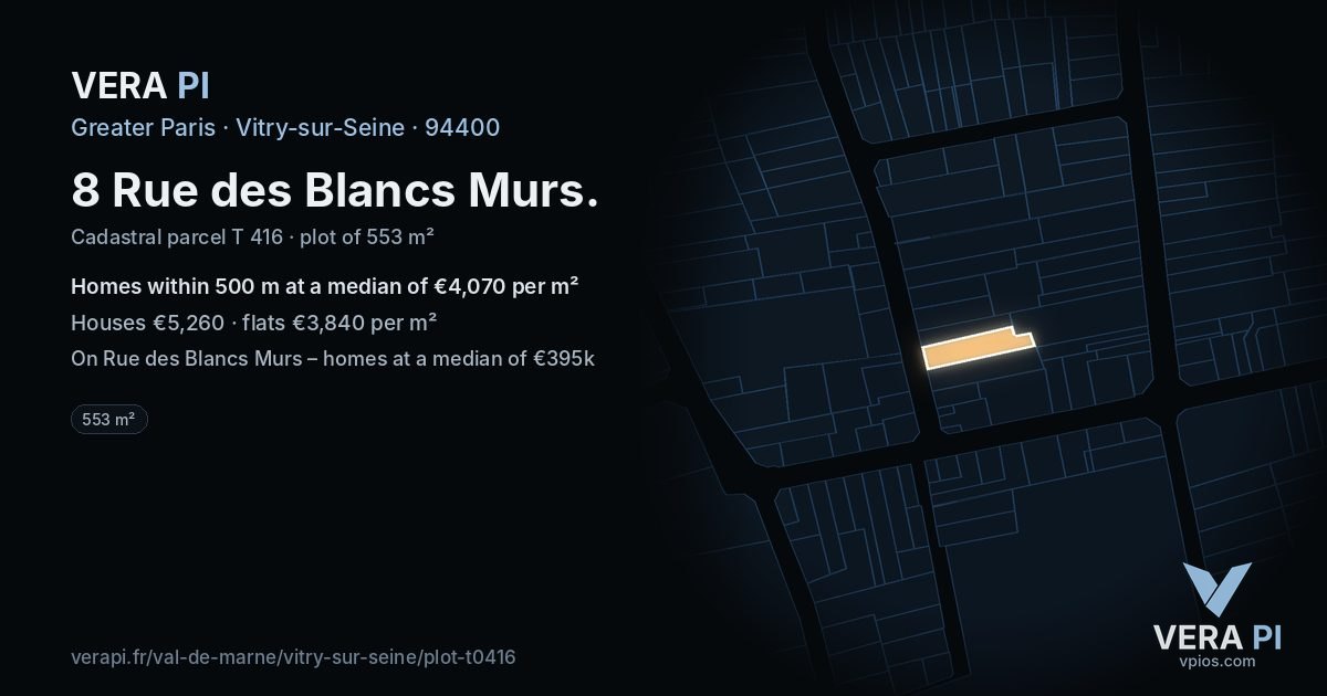 8 Rue des Blancs Murs, Vitry-sur-Seine at night – the plot lit, the parcels around coloured by the prices near them