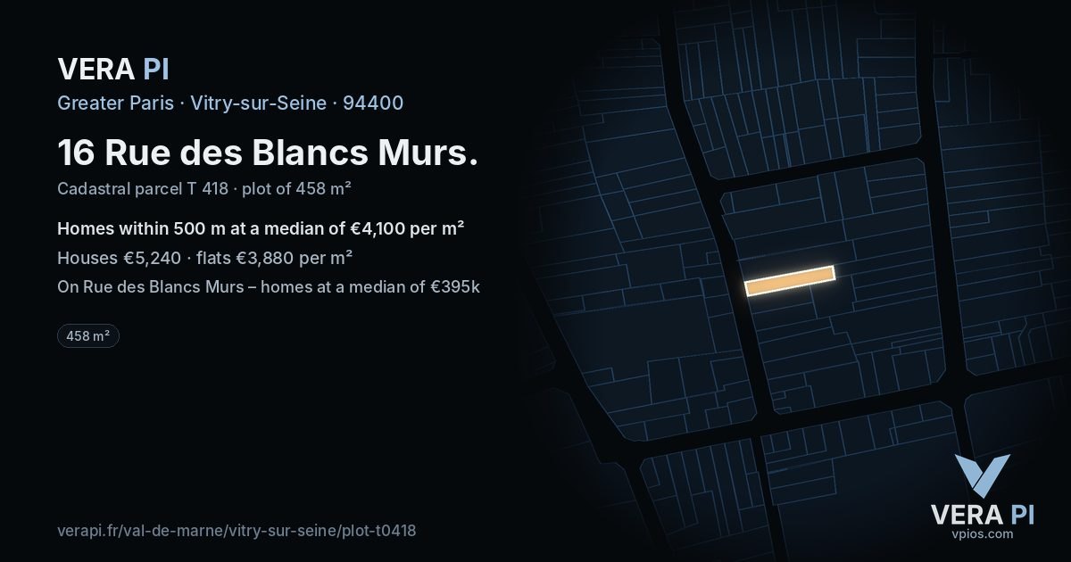 16 Rue des Blancs Murs, Vitry-sur-Seine at night – the plot lit, the parcels around coloured by the prices near them