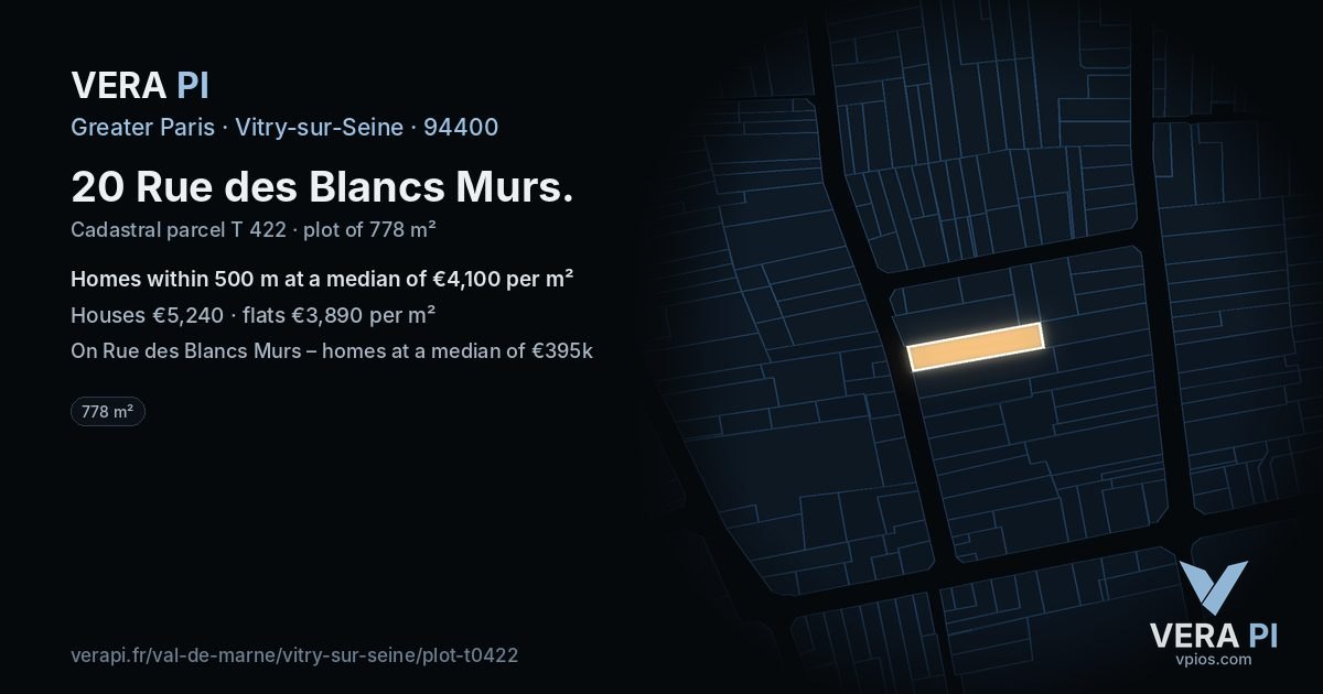 20 Rue des Blancs Murs, Vitry-sur-Seine at night – the plot lit, the parcels around coloured by the prices near them