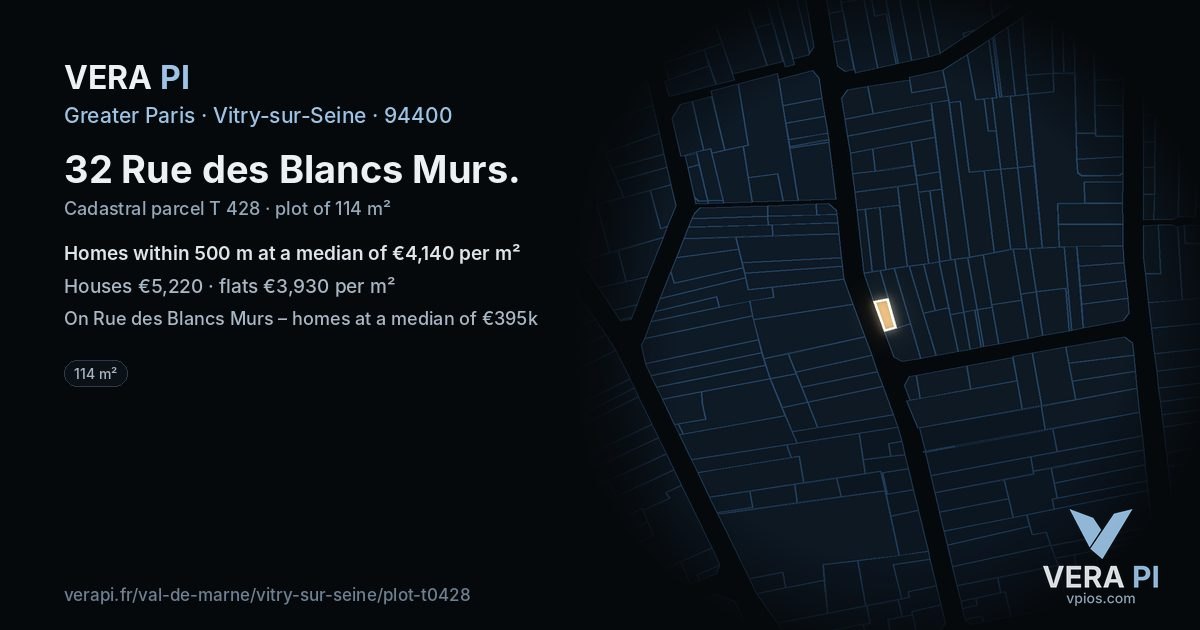 32 Rue des Blancs Murs, Vitry-sur-Seine at night – the plot lit, the parcels around coloured by the prices near them