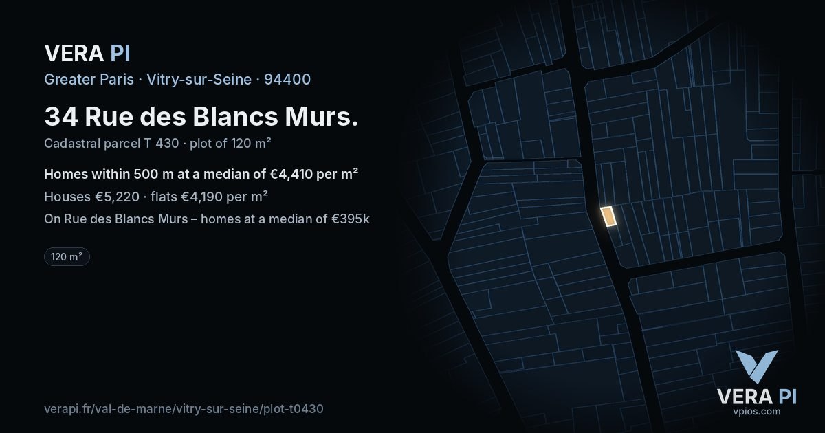 34 Rue des Blancs Murs, Vitry-sur-Seine at night – the plot lit, the parcels around coloured by the prices near them