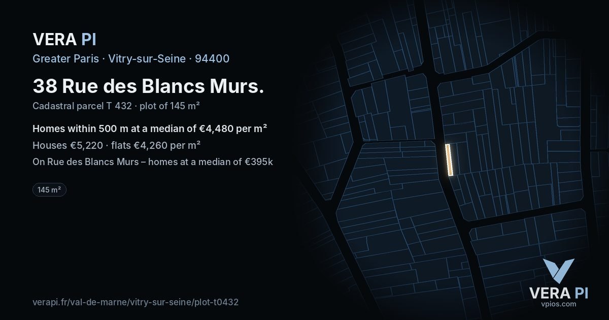 38 Rue des Blancs Murs, Vitry-sur-Seine at night – the plot lit, the parcels around coloured by the prices near them
