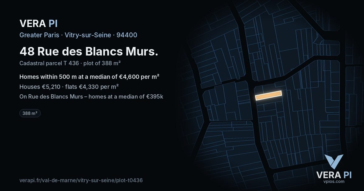 48 Rue des Blancs Murs, Vitry-sur-Seine at night – the plot lit, the parcels around coloured by the prices near them