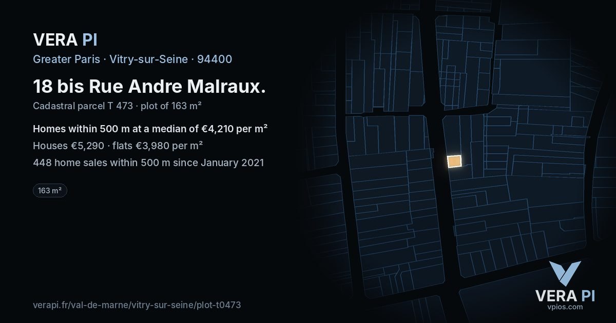 18 bis Rue Andre Malraux, Vitry-sur-Seine at night – the plot lit, the parcels around coloured by the prices near them