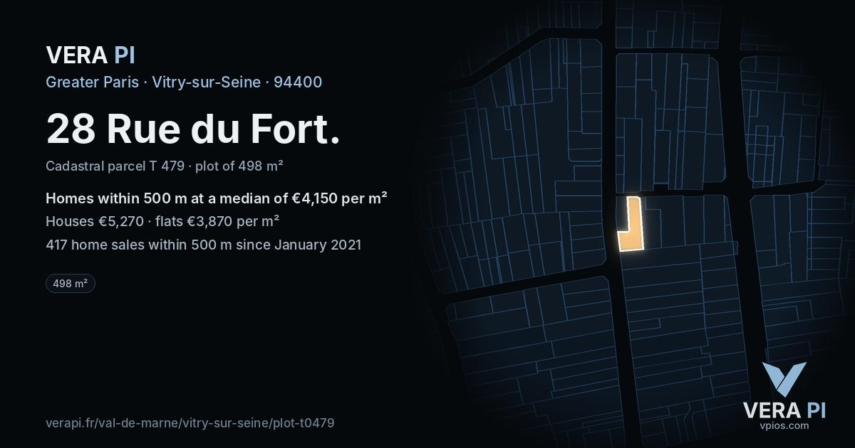 28 Rue du Fort, Vitry-sur-Seine at night – the plot lit, the parcels around coloured by the prices near them