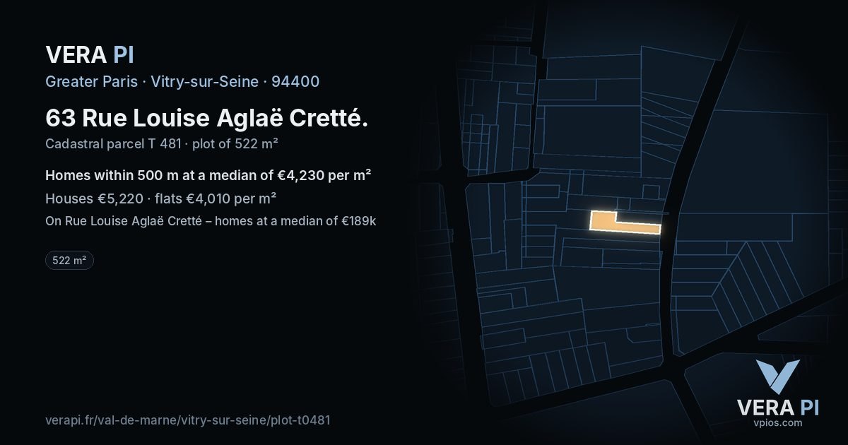 63 Rue Louise Aglaë Cretté, Vitry-sur-Seine at night – the plot lit, the parcels around coloured by the prices near them