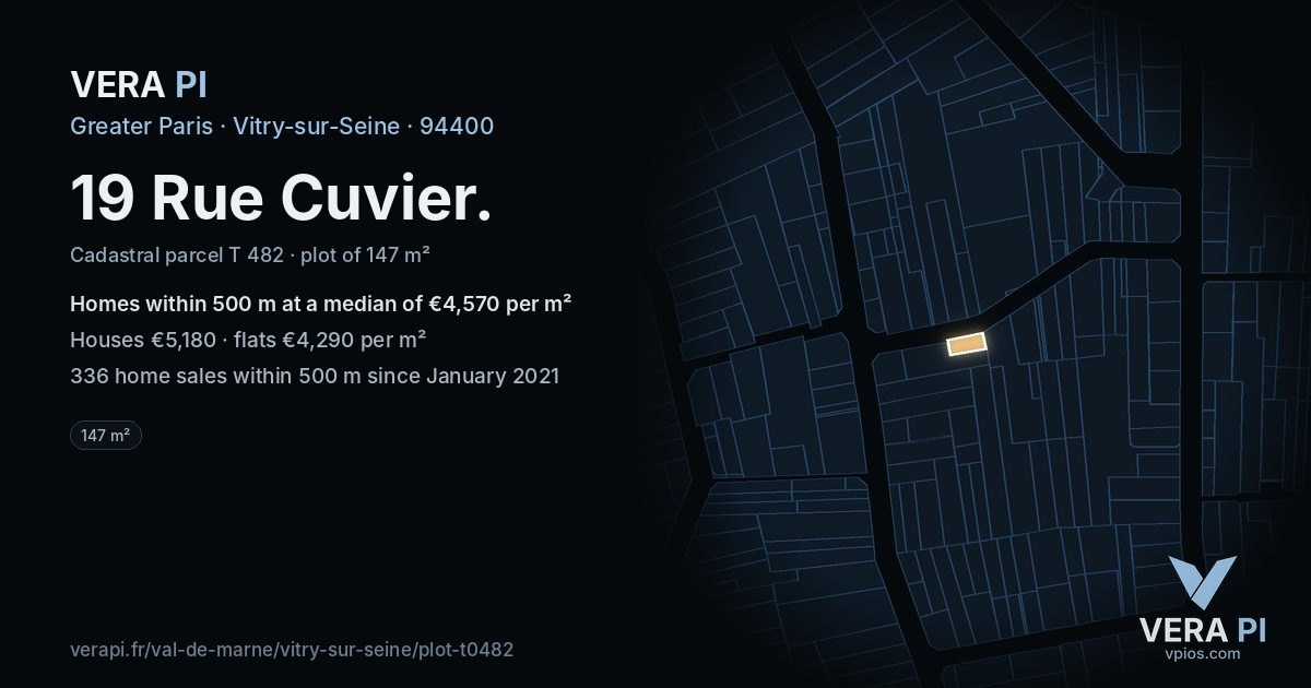 19 Rue Cuvier, Vitry-sur-Seine at night – the plot lit, the parcels around coloured by the prices near them