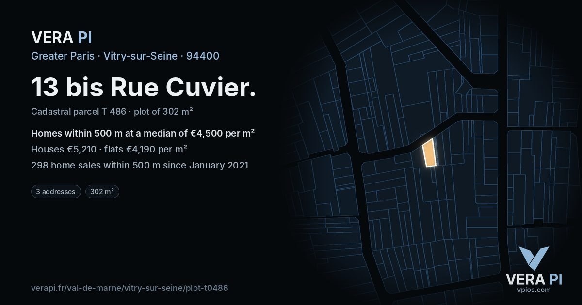 13 bis Rue Cuvier, Vitry-sur-Seine at night – the plot lit, the parcels around coloured by the prices near them