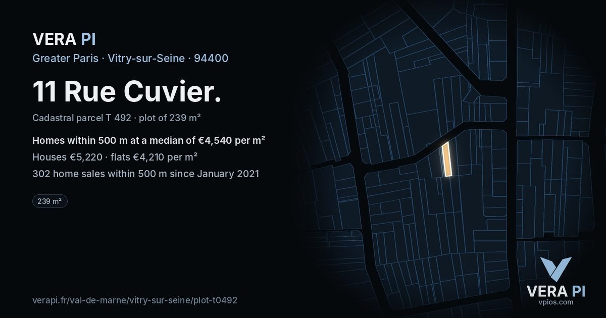 11 Rue Cuvier, Vitry-sur-Seine at night – the plot lit, the parcels around coloured by the prices near them