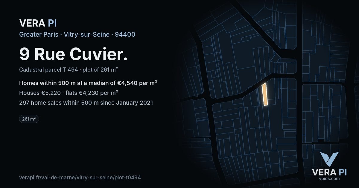 9 Rue Cuvier, Vitry-sur-Seine at night – the plot lit, the parcels around coloured by the prices near them