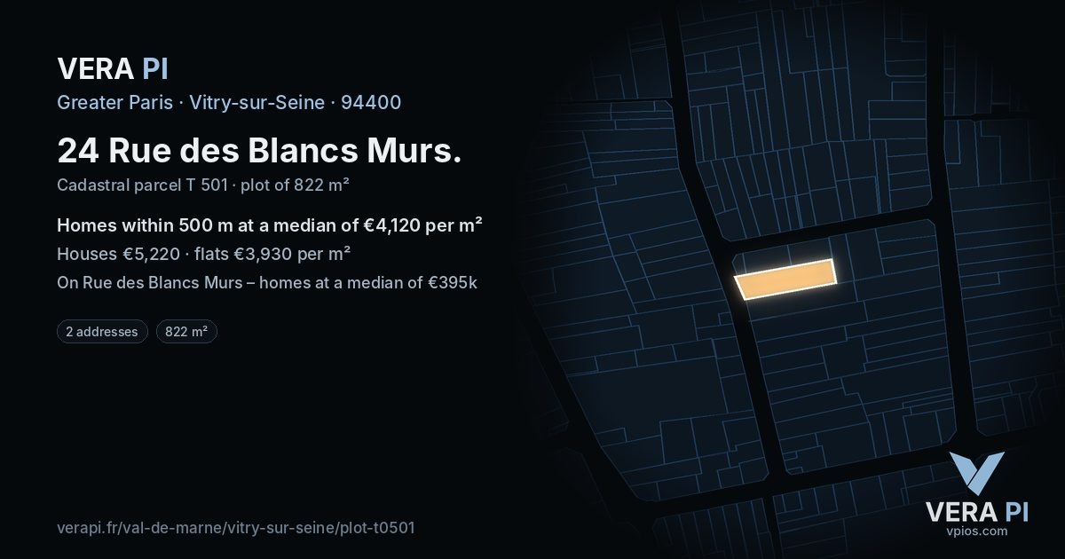 24 Rue des Blancs Murs, Vitry-sur-Seine at night – the plot lit, the parcels around coloured by the prices near them