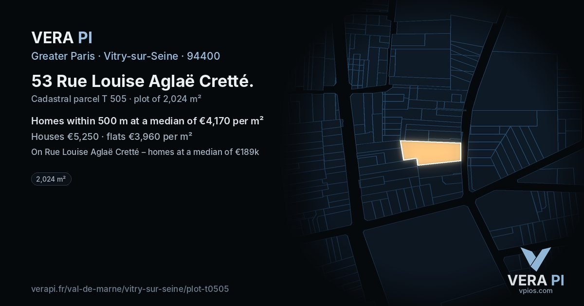 53 Rue Louise Aglaë Cretté, Vitry-sur-Seine at night – the plot lit, the parcels around coloured by the prices near them