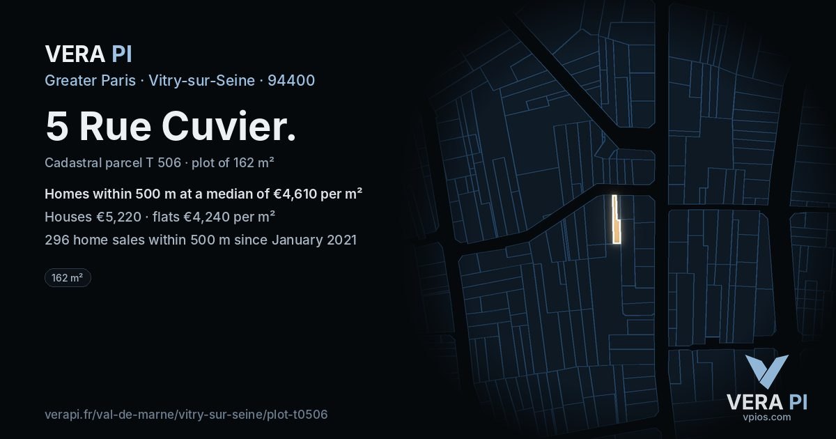 5 Rue Cuvier, Vitry-sur-Seine at night – the plot lit, the parcels around coloured by the prices near them