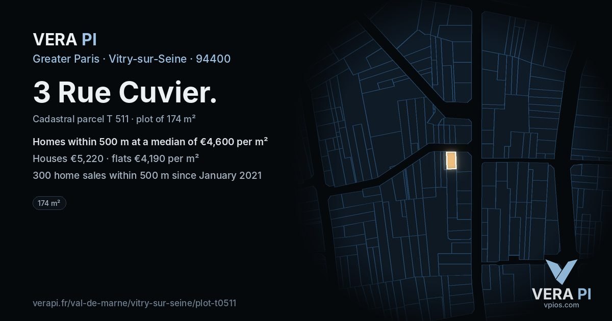 3 Rue Cuvier, Vitry-sur-Seine at night – the plot lit, the parcels around coloured by the prices near them