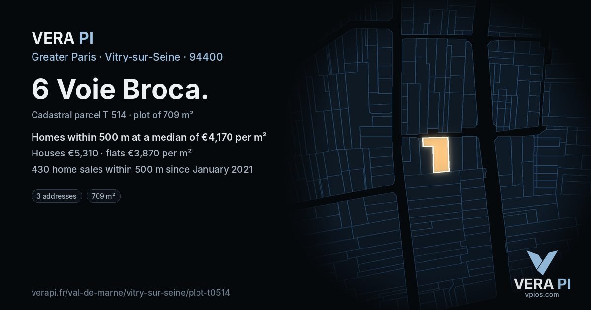 6 Voie Broca, Vitry-sur-Seine at night – the plot lit, the parcels around coloured by the prices near them