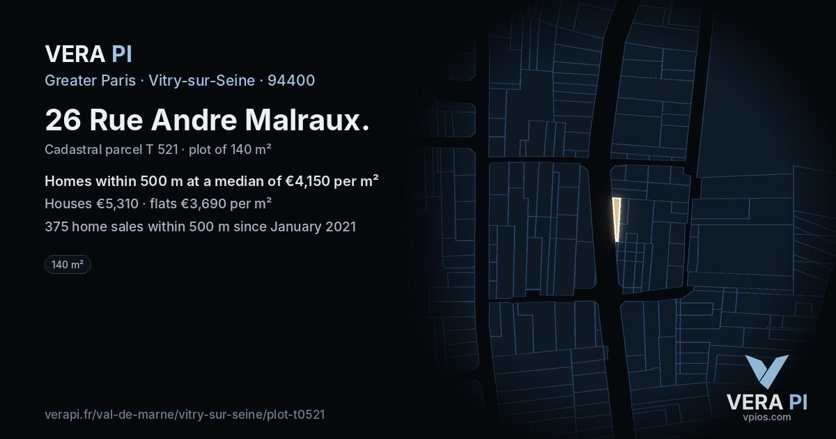 26 Rue Andre Malraux, Vitry-sur-Seine at night – the plot lit, the parcels around coloured by the prices near them