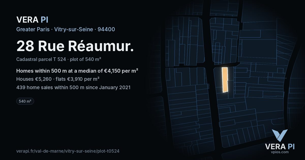 28 Rue Réaumur, Vitry-sur-Seine at night – the plot lit, the parcels around coloured by the prices near them