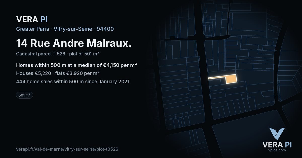 14 Rue Andre Malraux, Vitry-sur-Seine at night – the plot lit, the parcels around coloured by the prices near them