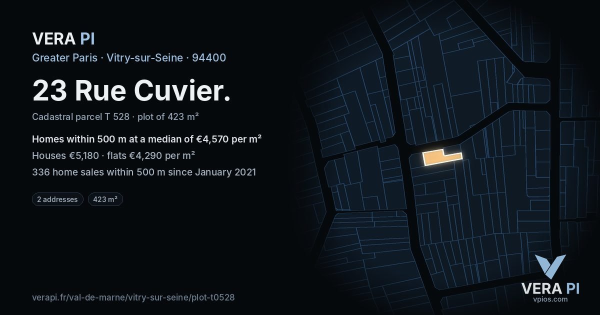 23 Rue Cuvier, Vitry-sur-Seine at night – the plot lit, the parcels around coloured by the prices near them