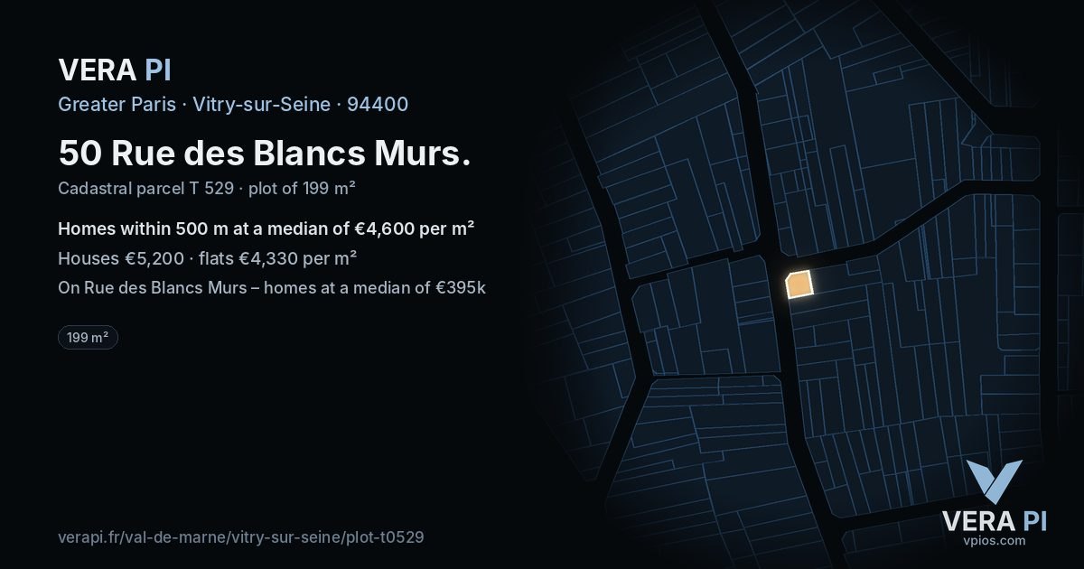 50 Rue des Blancs Murs, Vitry-sur-Seine at night – the plot lit, the parcels around coloured by the prices near them