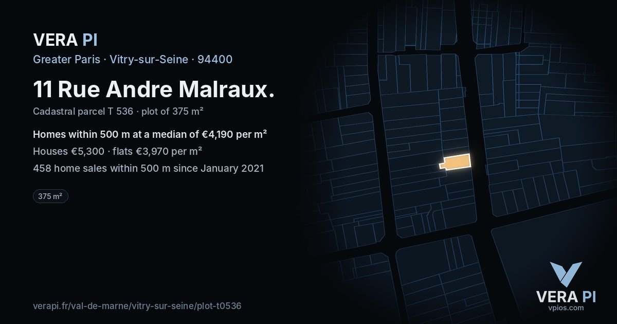 11 Rue Andre Malraux, Vitry-sur-Seine at night – the plot lit, the parcels around coloured by the prices near them