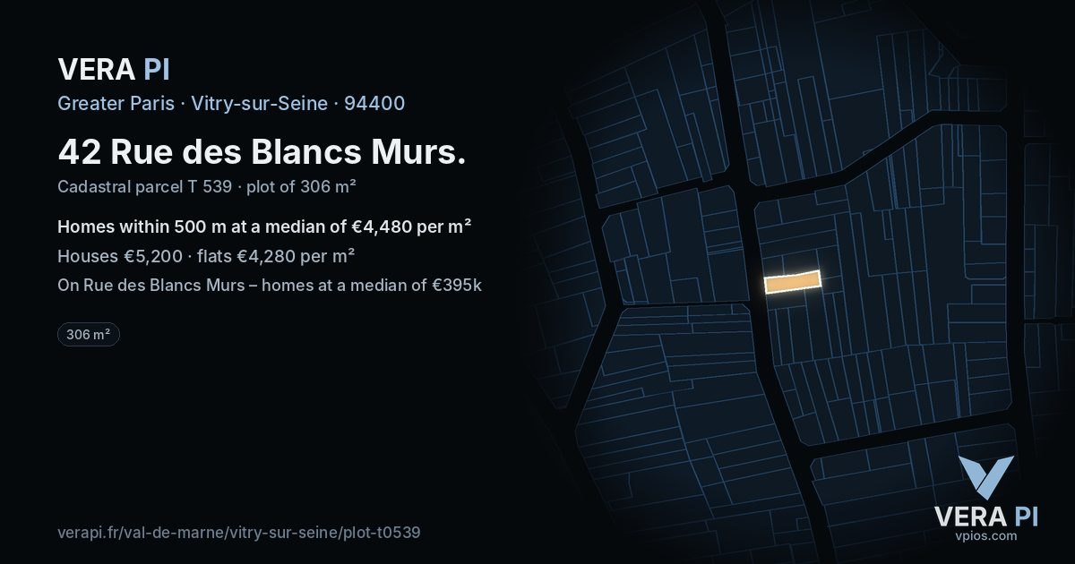 42 Rue des Blancs Murs, Vitry-sur-Seine at night – the plot lit, the parcels around coloured by the prices near them