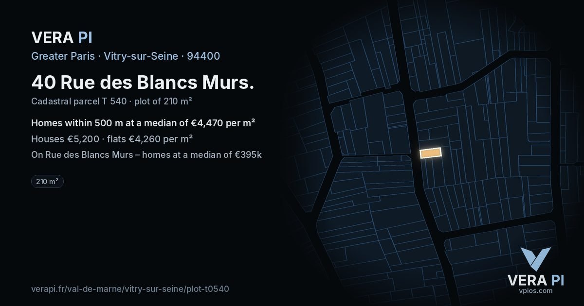 40 Rue des Blancs Murs, Vitry-sur-Seine at night – the plot lit, the parcels around coloured by the prices near them