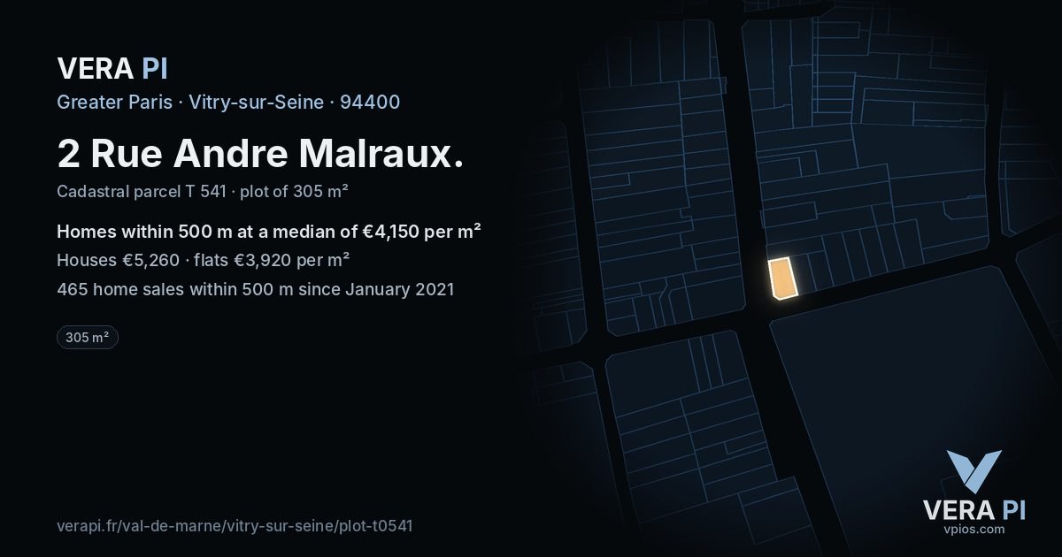 2 Rue Andre Malraux, Vitry-sur-Seine at night – the plot lit, the parcels around coloured by the prices near them