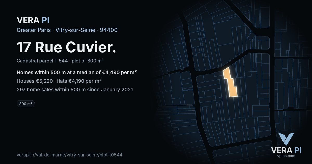 17 Rue Cuvier, Vitry-sur-Seine at night – the plot lit, the parcels around coloured by the prices near them