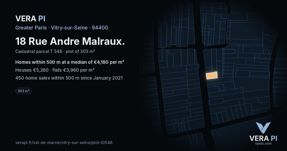 18 Rue Andre Malraux, Vitry-sur-Seine at night – the plot lit, the parcels around coloured by the prices near them