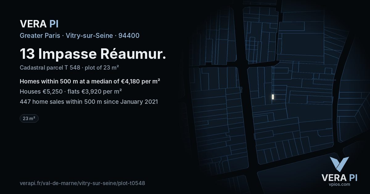13 Impasse Réaumur, Vitry-sur-Seine at night – the plot lit, the parcels around coloured by the prices near them