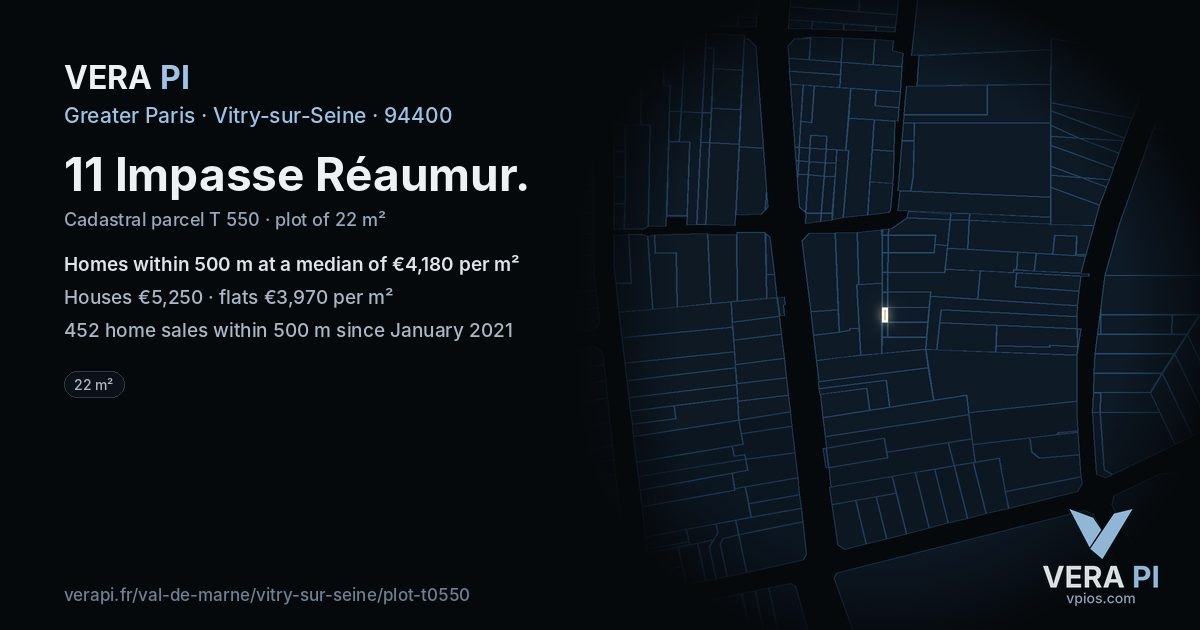 11 Impasse Réaumur, Vitry-sur-Seine at night – the plot lit, the parcels around coloured by the prices near them
