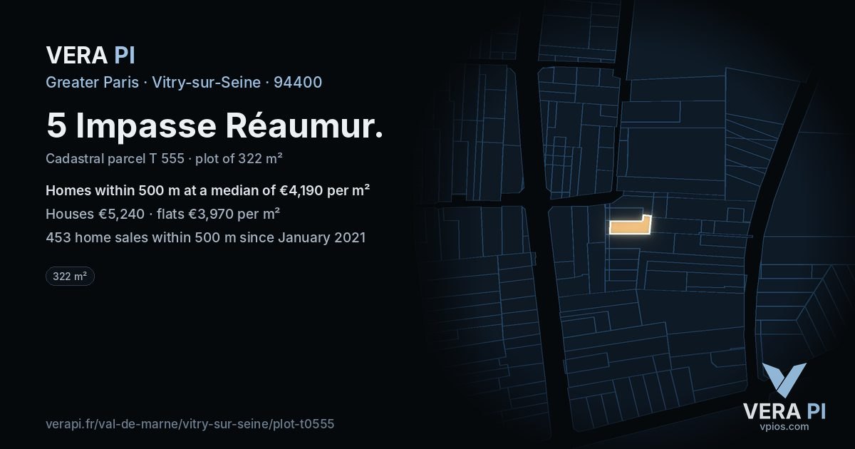 5 Impasse Réaumur, Vitry-sur-Seine at night – the plot lit, the parcels around coloured by the prices near them