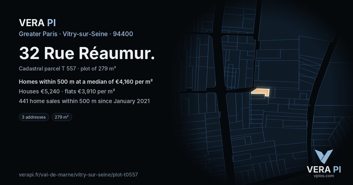 32 Rue Réaumur, Vitry-sur-Seine at night – the plot lit, the parcels around coloured by the prices near them