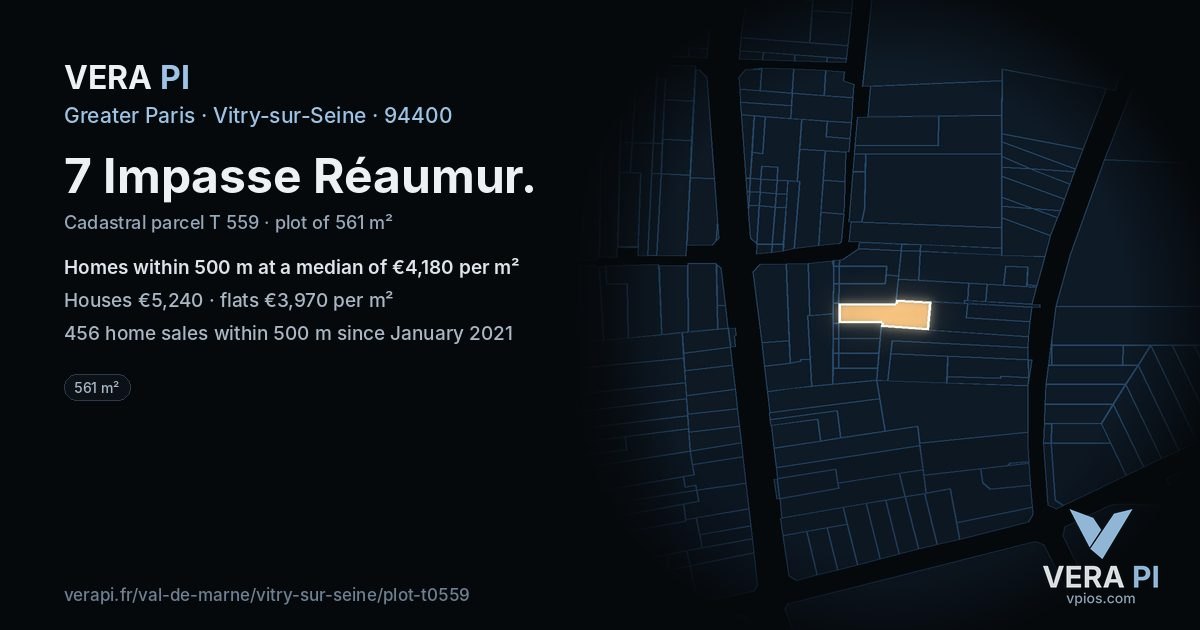 7 Impasse Réaumur, Vitry-sur-Seine at night – the plot lit, the parcels around coloured by the prices near them