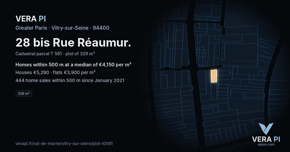28 bis Rue Réaumur, Vitry-sur-Seine at night – the plot lit, the parcels around coloured by the prices near them