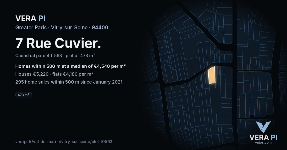 7 Rue Cuvier, Vitry-sur-Seine at night – the plot lit, the parcels around coloured by the prices near them