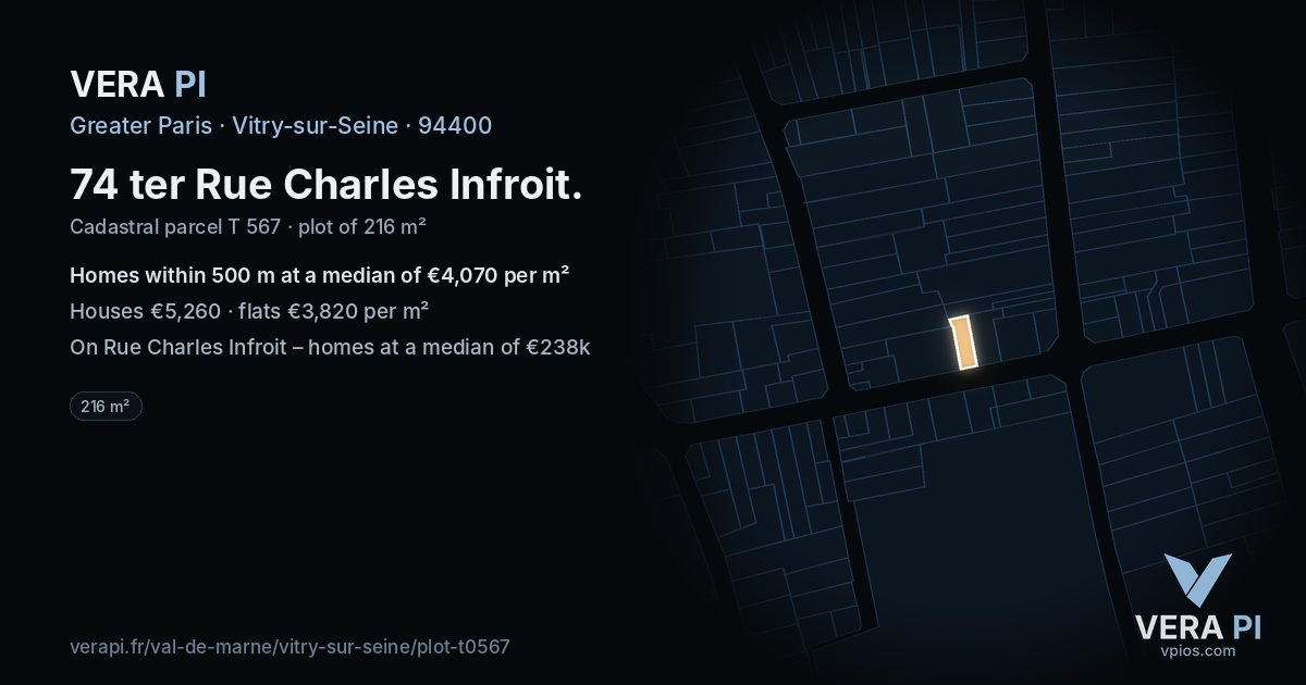 74 ter Rue Charles Infroit, Vitry-sur-Seine at night – the plot lit, the parcels around coloured by the prices near them