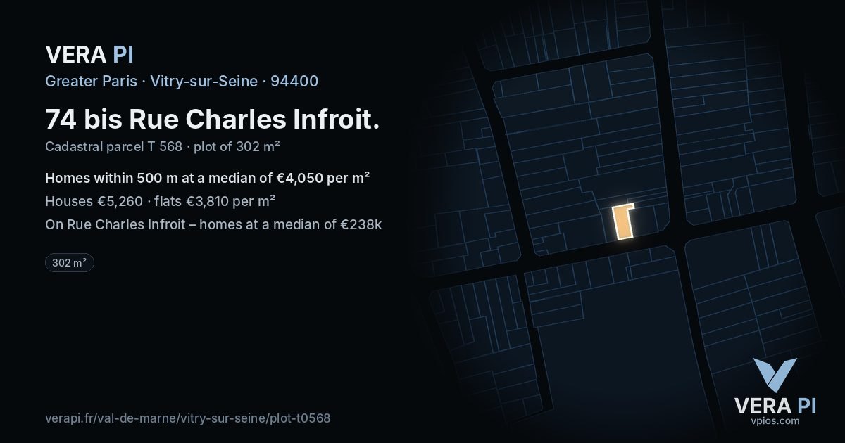 74 bis Rue Charles Infroit, Vitry-sur-Seine at night – the plot lit, the parcels around coloured by the prices near them