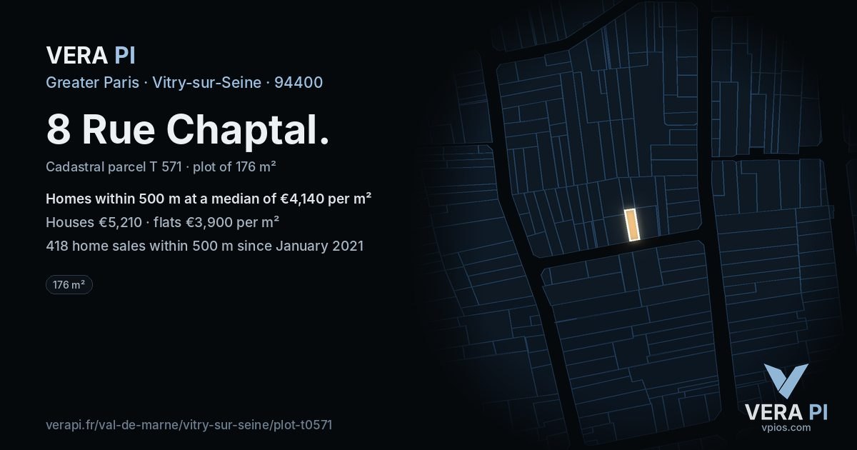 8 Rue Chaptal, Vitry-sur-Seine at night – the plot lit, the parcels around coloured by the prices near them