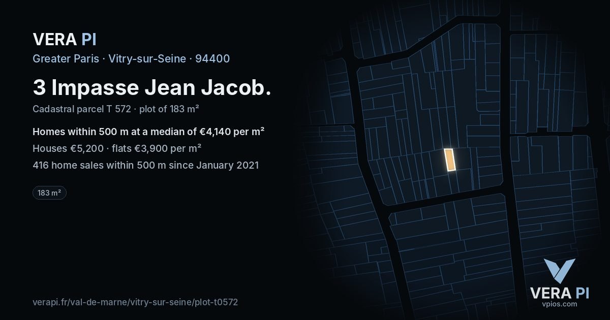 3 Impasse Jean Jacob, Vitry-sur-Seine at night – the plot lit, the parcels around coloured by the prices near them