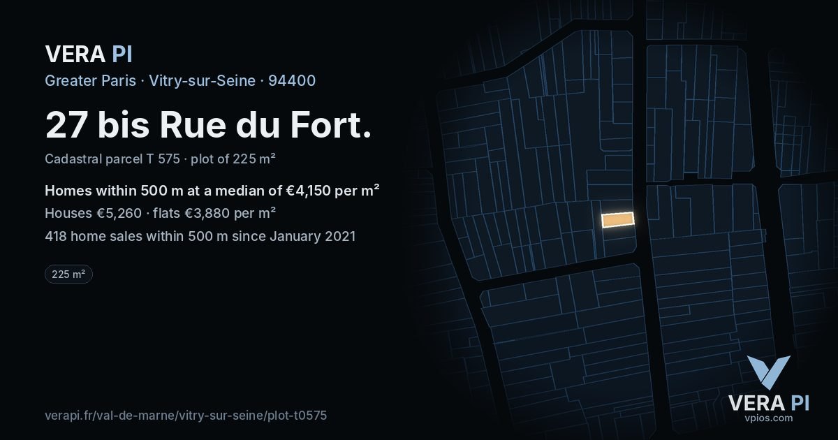 27 bis Rue du Fort, Vitry-sur-Seine at night – the plot lit, the parcels around coloured by the prices near them